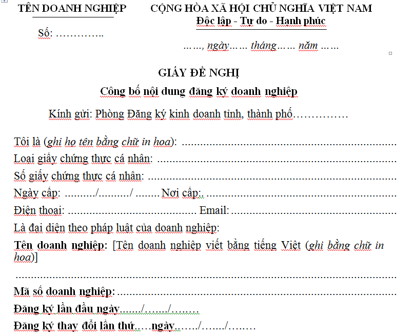 Công bố nội dung đăng ký thành lập doanh nghiệp